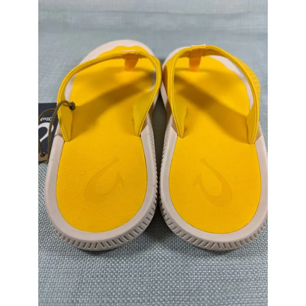 New OluKai Ulele Sandals Mens sz 11 Yellow Hibiscus Water Resistant Flip Flops